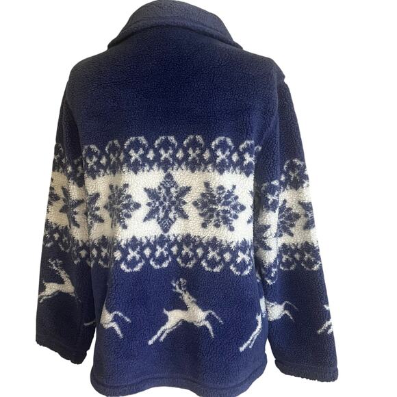 St. John’s Bay blue button up jacket with white snowflakes and reindeer - Picture 3 of 7